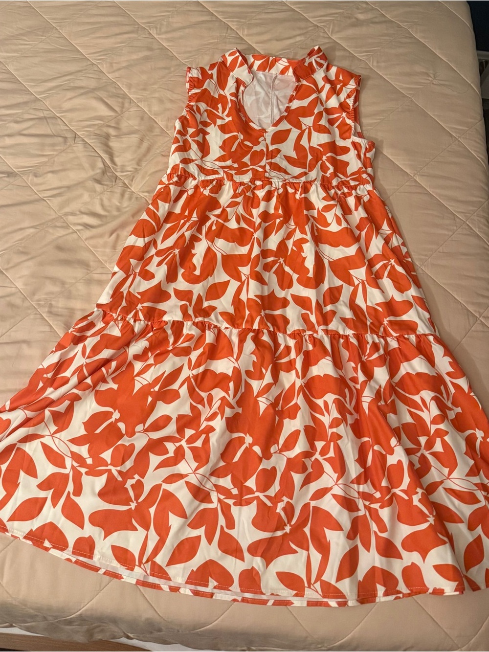Sleeveless Orange & White Floral Tiered Dress